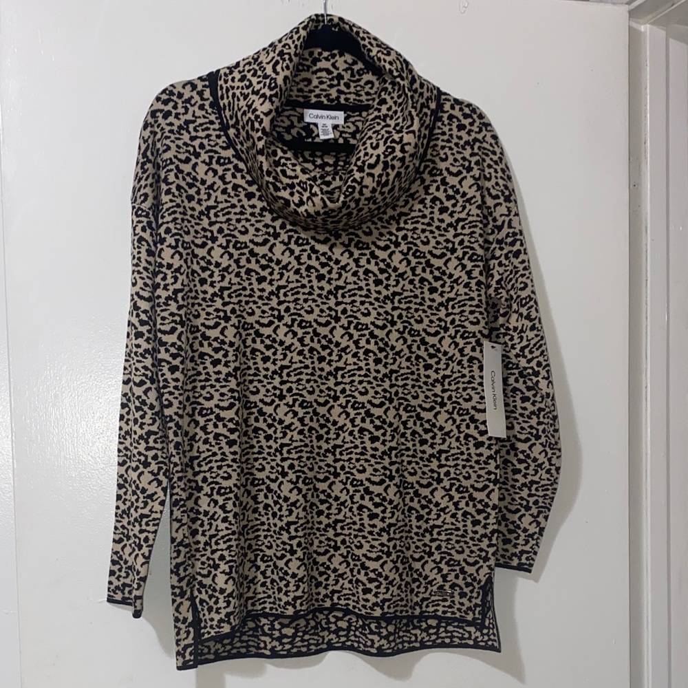 Calvin Klein Latte Cheetah Longline Cowl Neck Sweater NWT